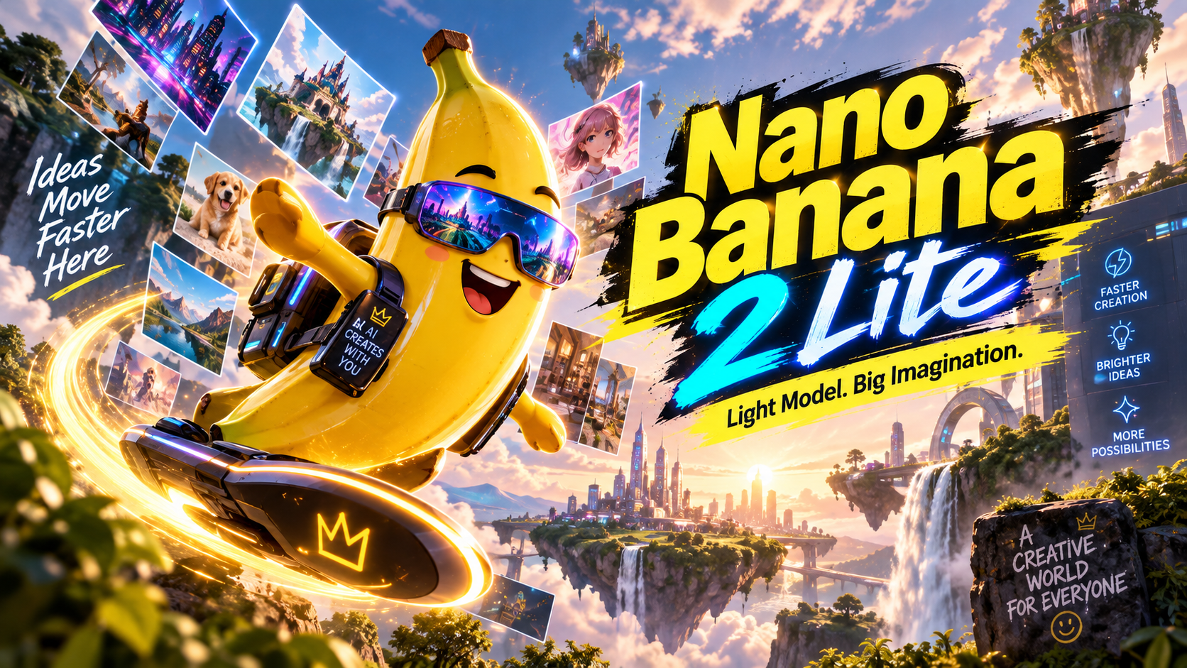 Nano Banana 2 Lite model card: banana mascot on a hoverboard above a floating city