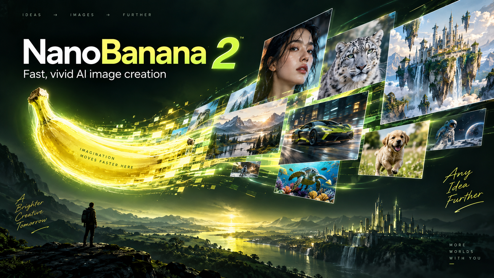 Nano Banana 2 model card: glowing banana and floating images above a fantasy landscape