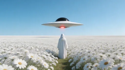 Surreal flying saucer over a flower field