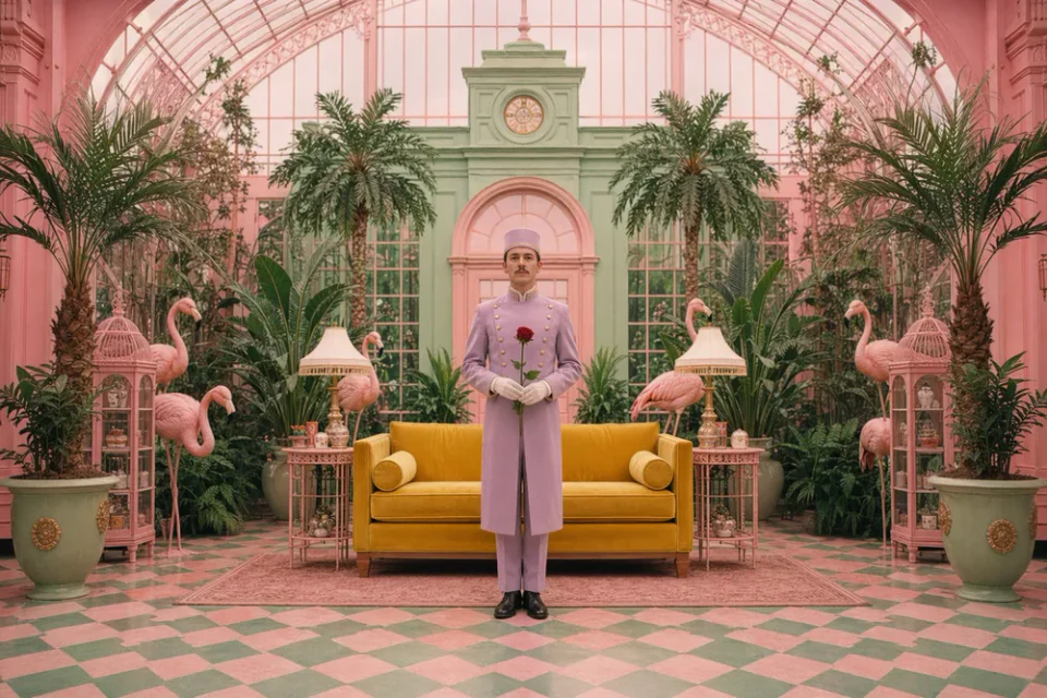 Figure in a pink courtyard with symmetrical framing