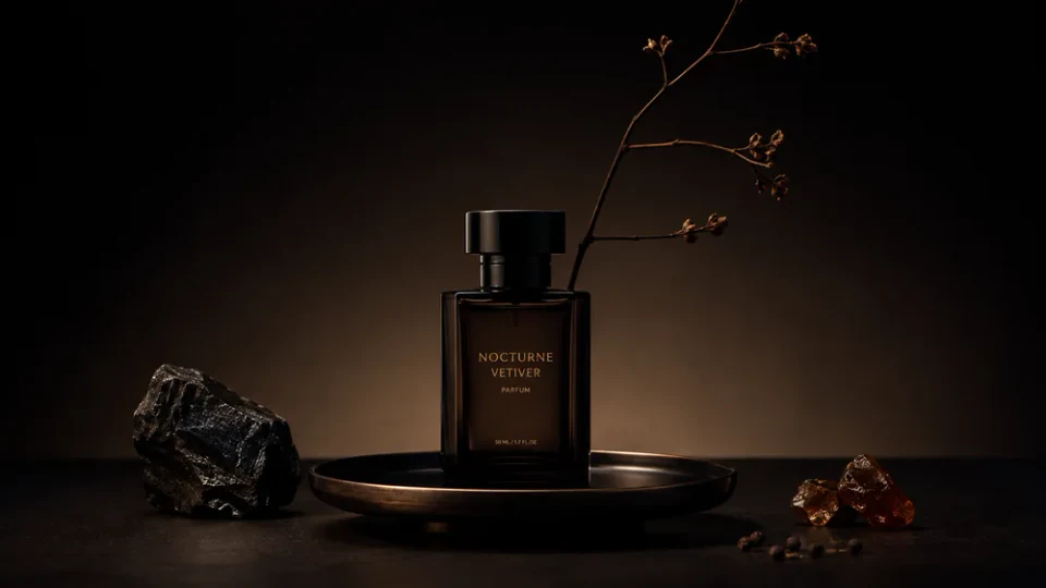 Perfume product in low-key lighting