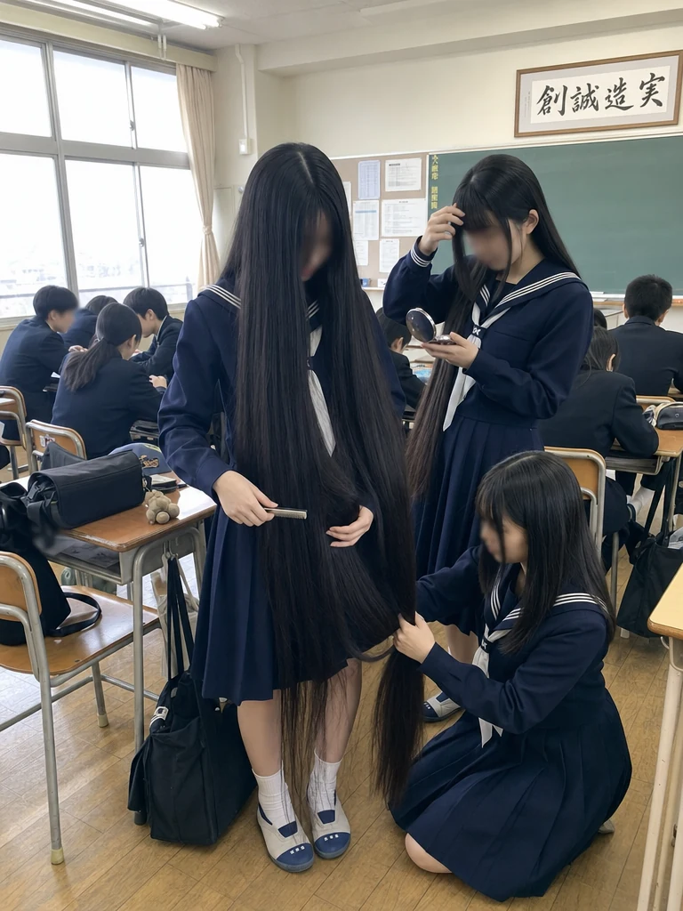 日式教室中三名水手服学生整理长发的写实场景。