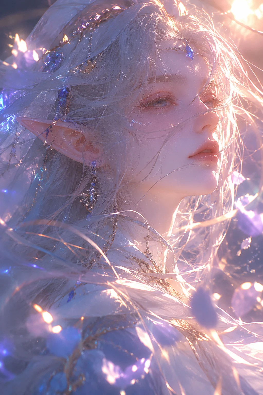 银发精灵角色的梦幻 CGI 特写肖像。