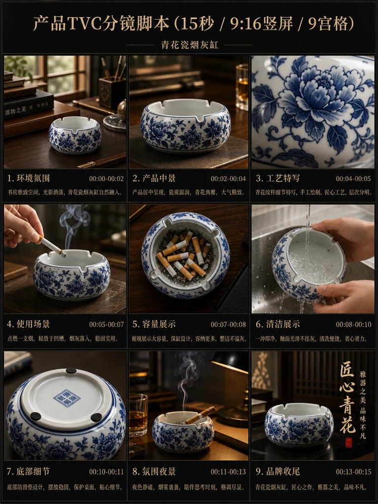 蓝白陶瓷烟灰缸的中文电商 TVC 分镜板。