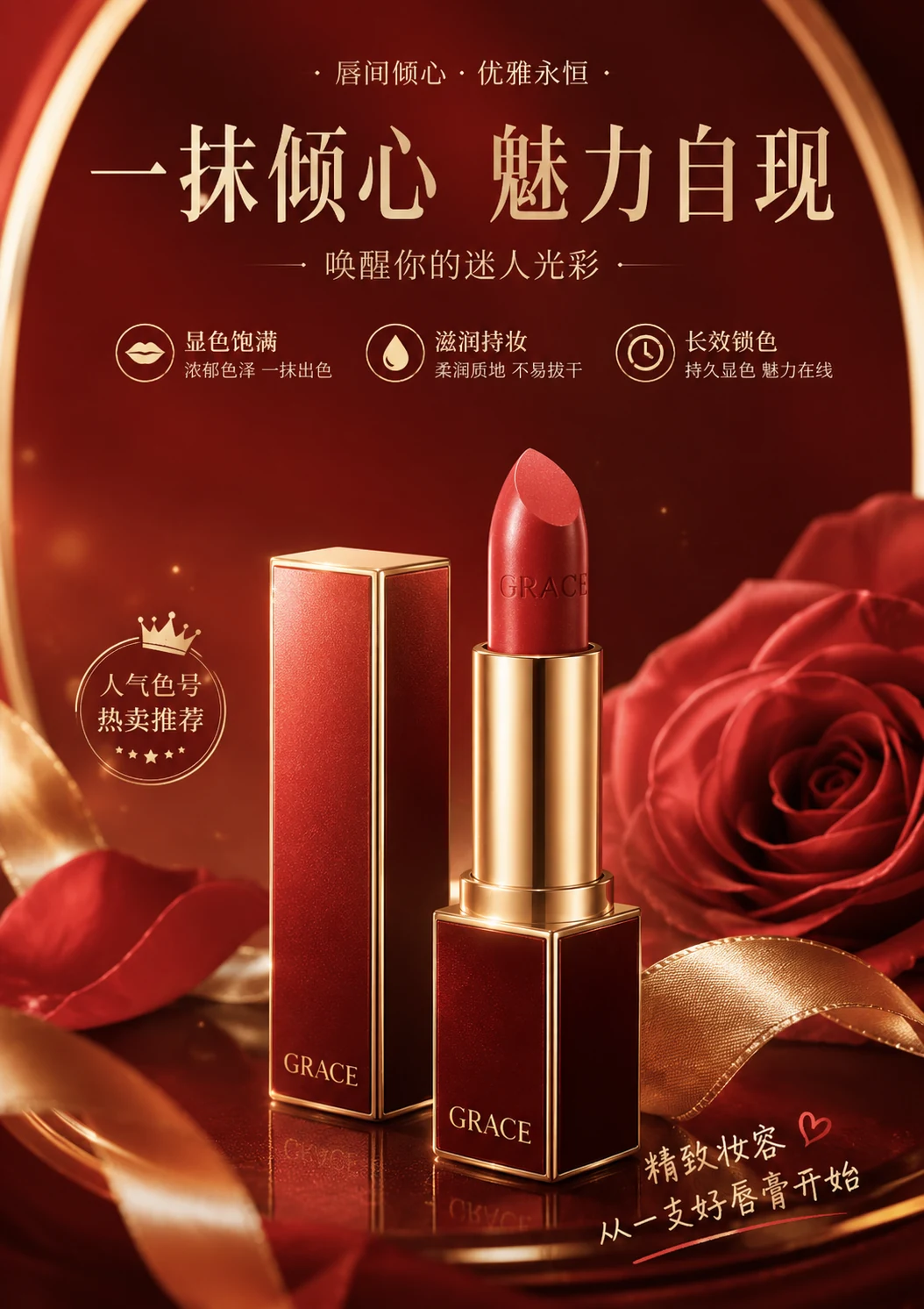 红金色调的中文口红美妆广告海报。