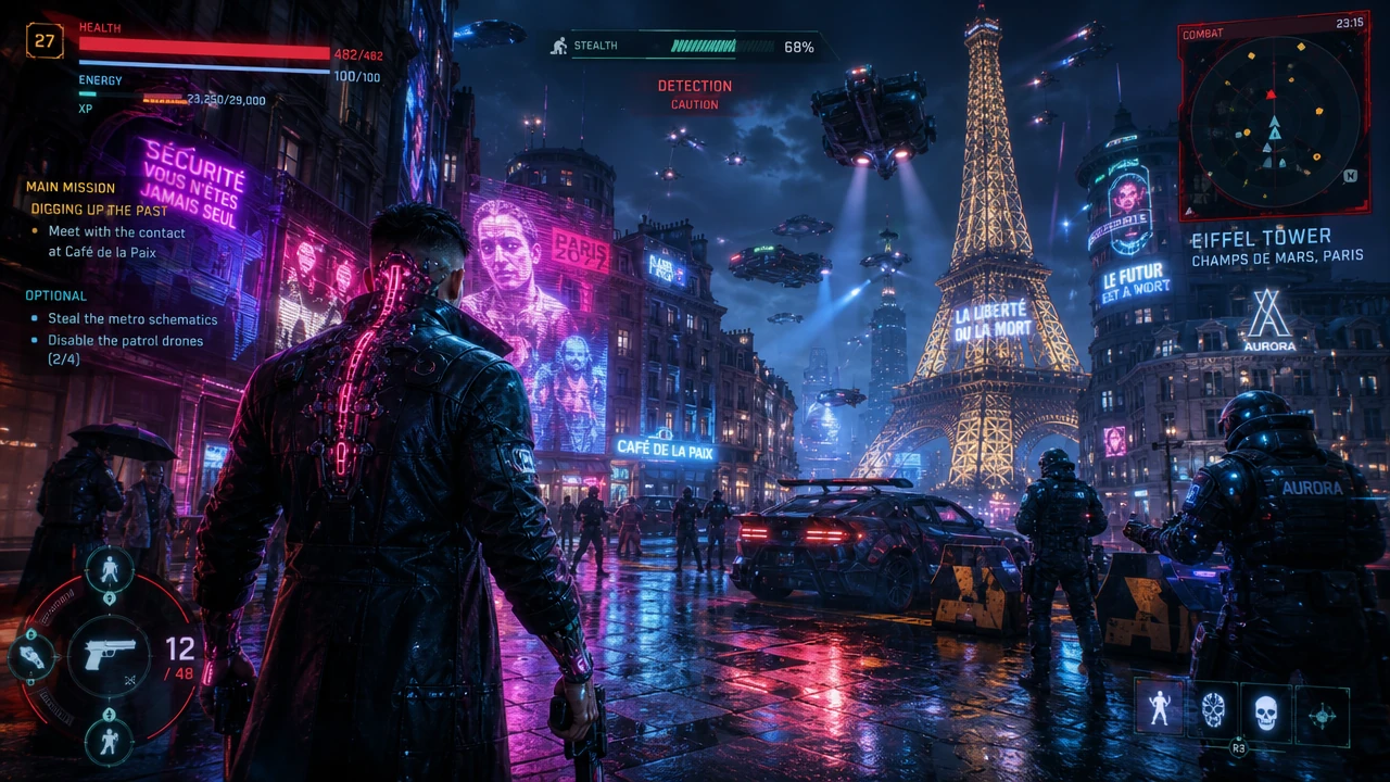 夜晚欧陆首都霓虹雨街上的赛博朋克第三人称游戏截图。