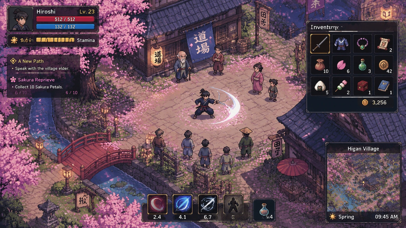 樱花季日式村庄中的等距像素 RPG 游戏画面。